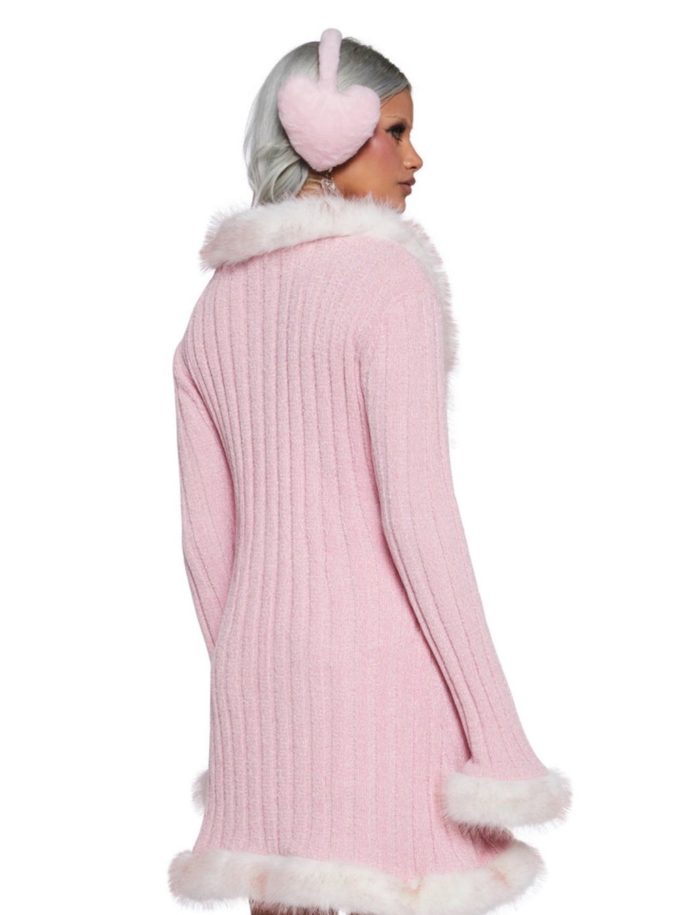 Sugar Thrillz Furry Pink Knit Cardigan with White Faux-Fur Trim - Picture 3 of 3